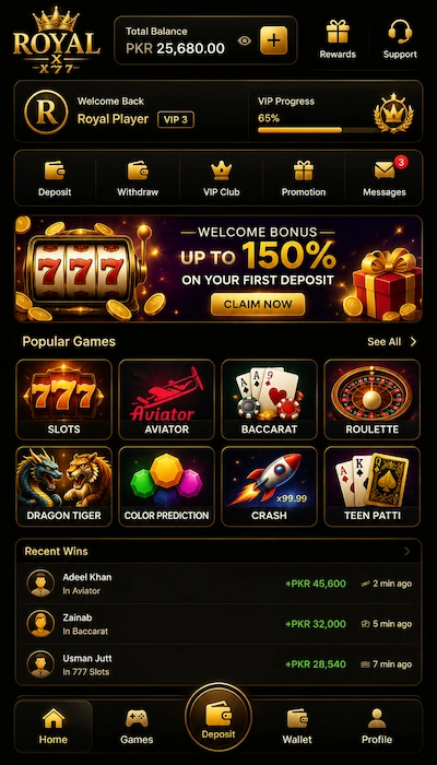 Luxury Royal X 777 mobile casino dashboard with dark golden gaming UI.